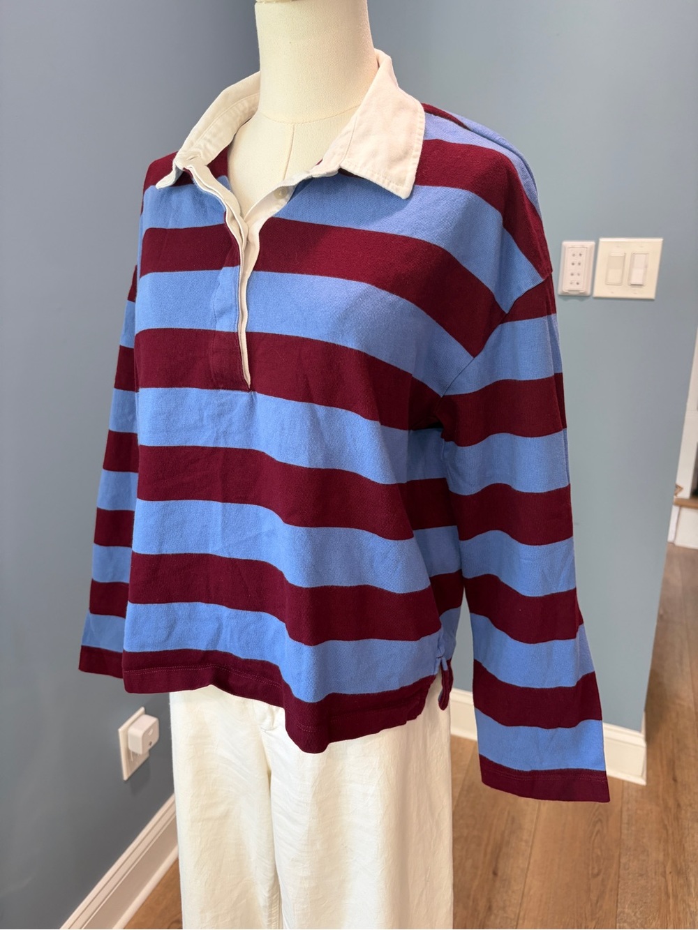 J.Crew Striped Rugby Shirt Burgundy Blue Cotton Collared Top Medium - Picture 3 of 8